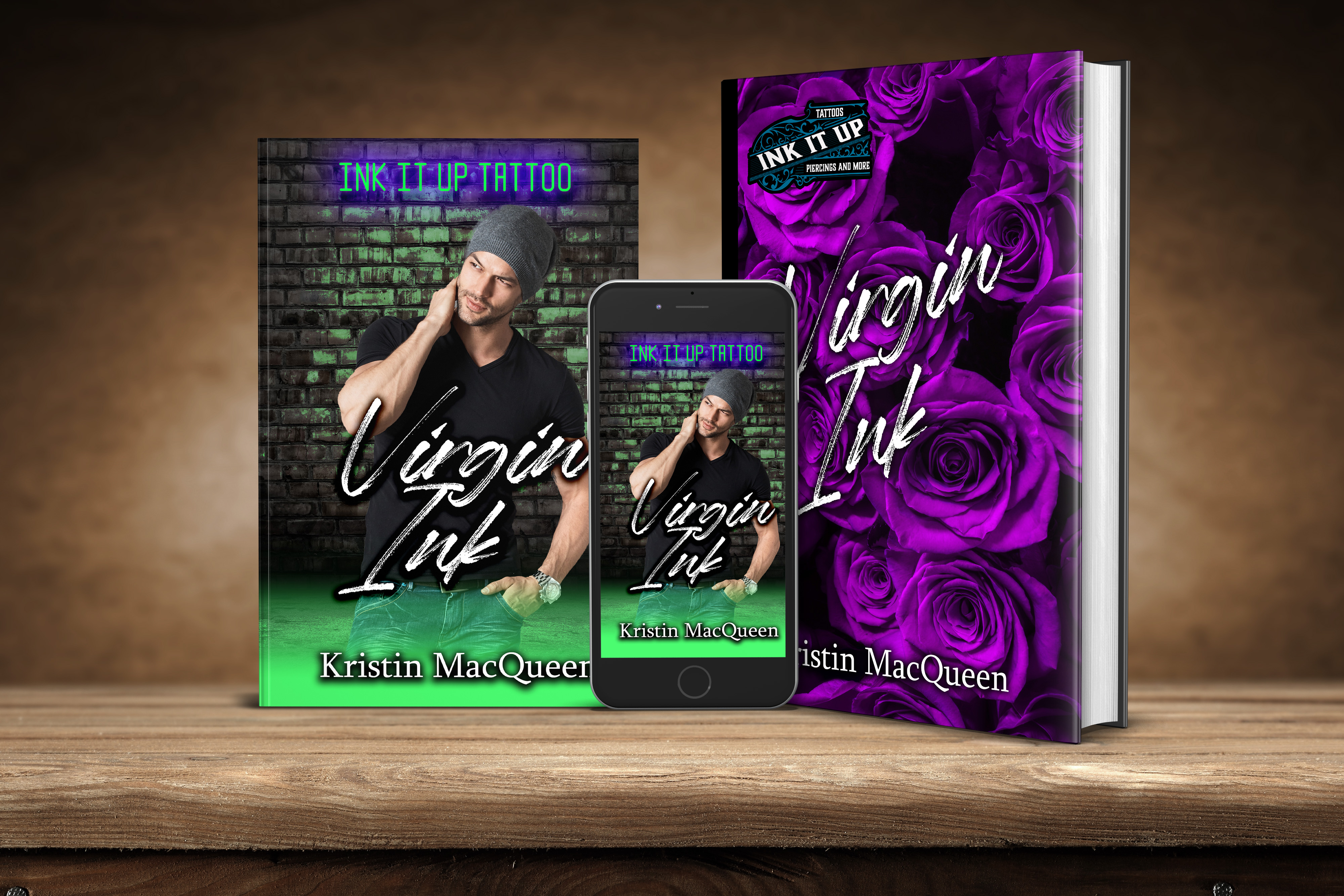 Ebook, Paperback, and Hardback covers of Virgin Ink